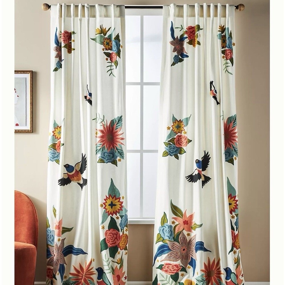ONE Anthropologie Soaring Starling Cotton Crewel Embroidered Bird Curtain 91"
